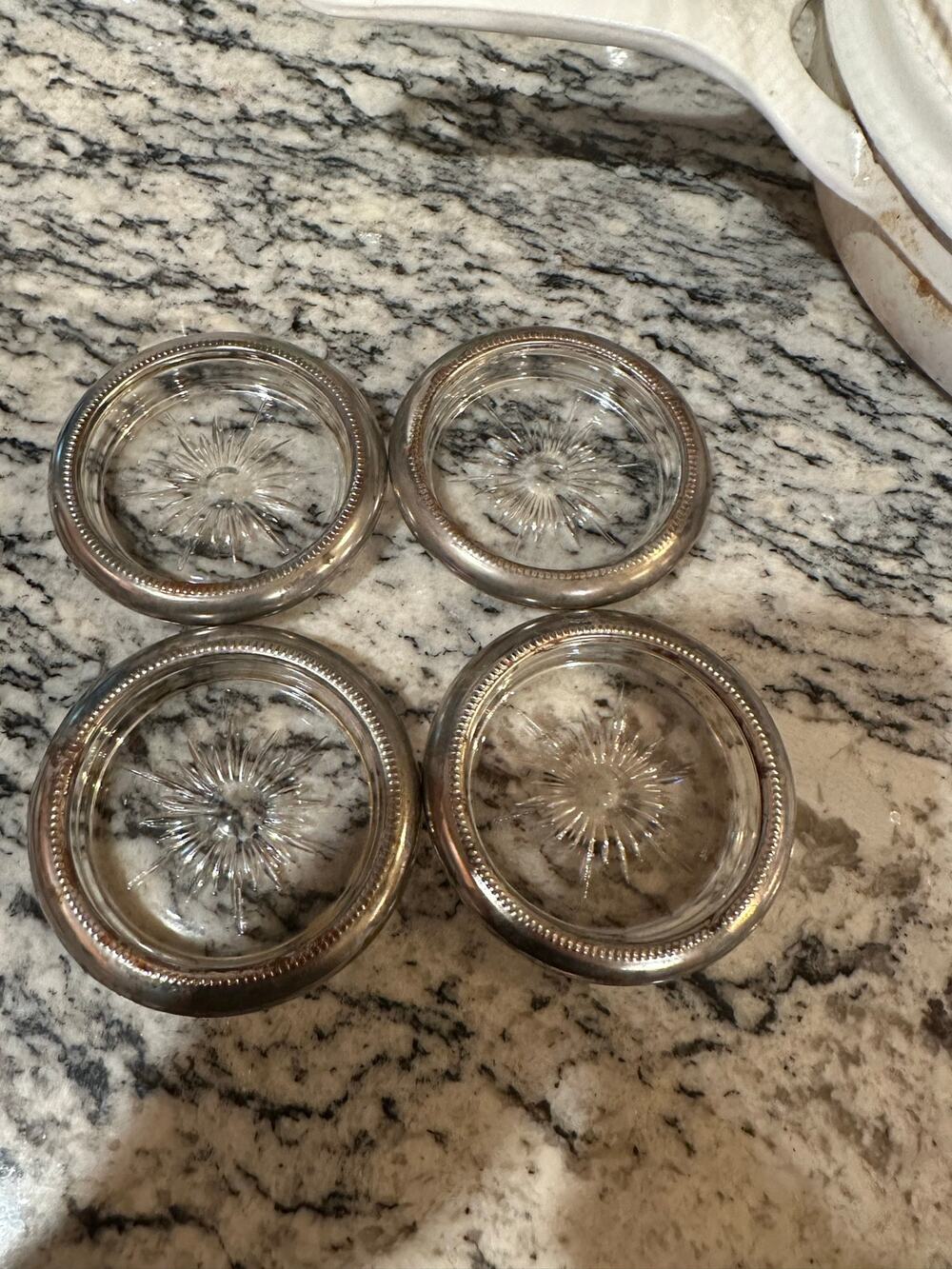 Set of 4 Vintage Leonard Silver plated Sunburst Crystal Glass Drink coasters